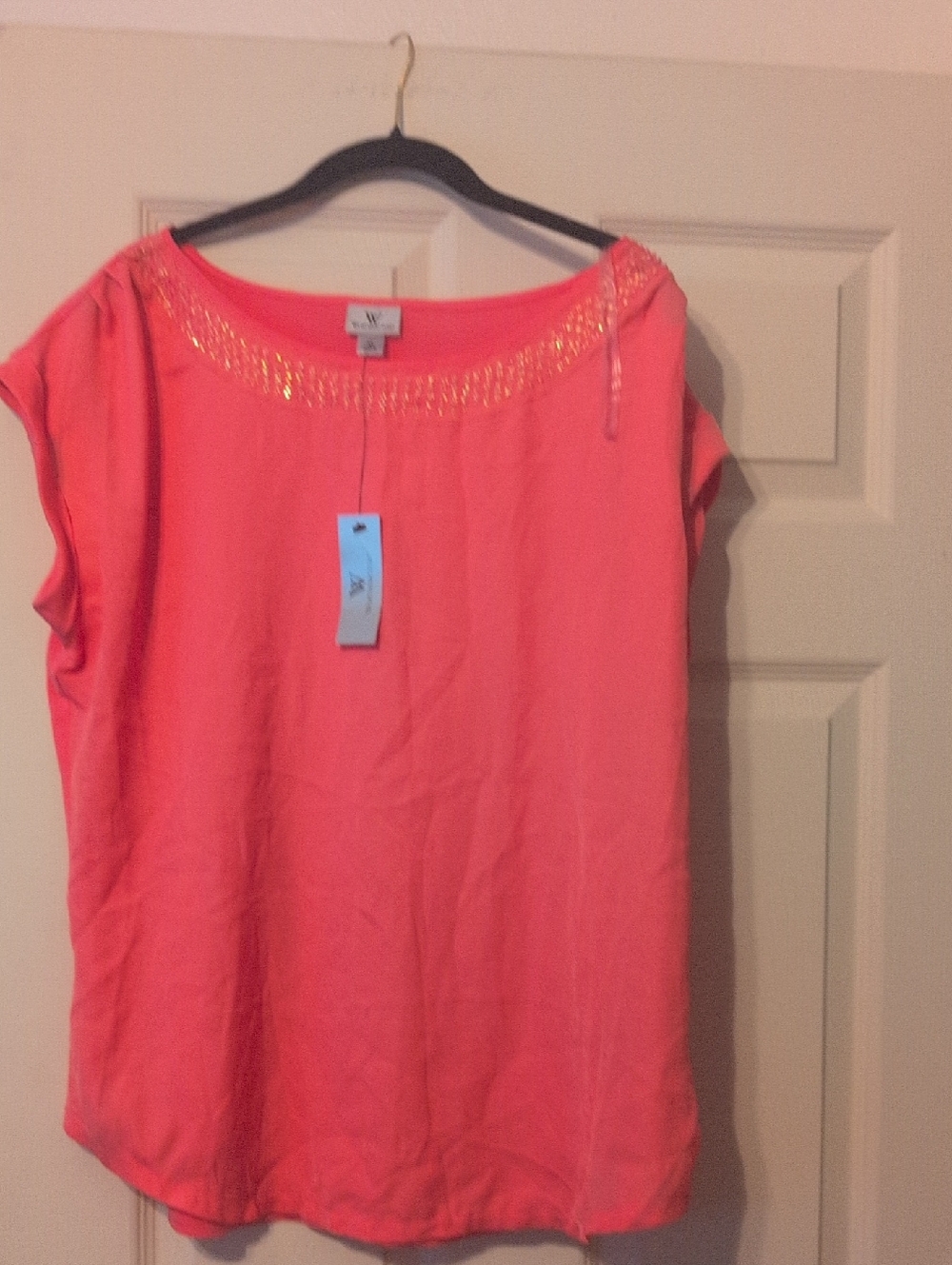 W by Worth Coral Short-Sleeve Beaded Neckline Blouse